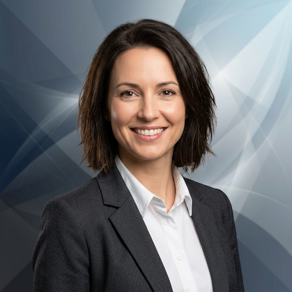 Smiling woman in dark blazer and white shirt with abstract blue-gray background